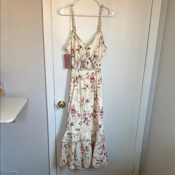 V. Chapman Luna Cutout Floral Tapestry Tiered Midi Dress Size 12 Pink Multi - Picture 4 of 7